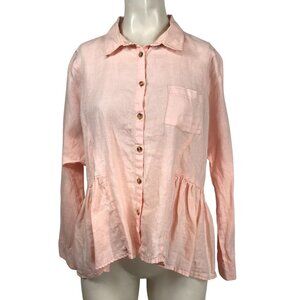HOLDING HORSES -SZ SMALL -PEACH LONG SLEEVE BUTTON UP LINEN RUFFLE PEPLUM TOP